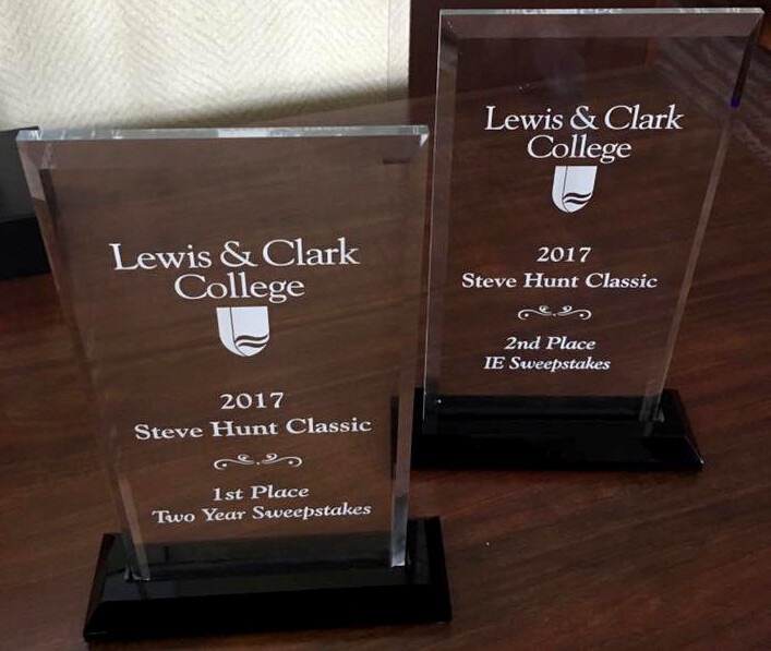 Speech and Debate trophies from Lewis & Clark College 2017