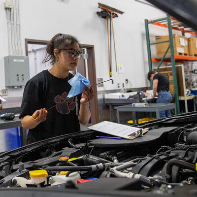 A student checks the oil guage on a car.