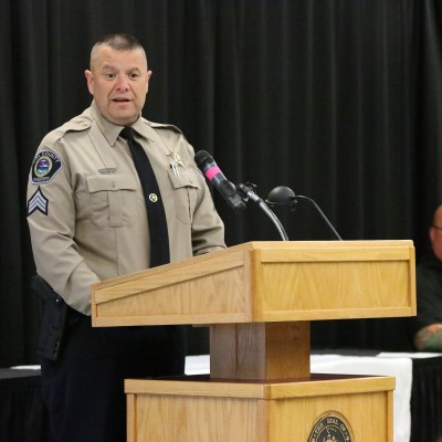 Sgt. Chad Sarmento, of Ada County Sheriff's Office, speaks during the ceremony on May 16.