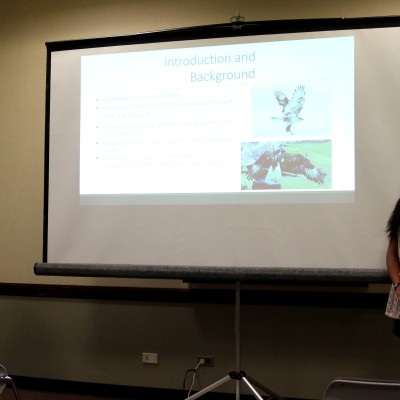 College of Western Idaho students Talia Jolley, left, and Kassandra Townsend speak during a science symposium at Boise State University on Aug. 11. 