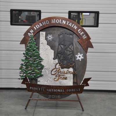 Metal Christmas tree, Idaho, and Snowflake artwork for Capital Christmas Tree