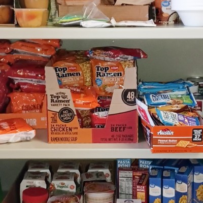 food on pantry shelves