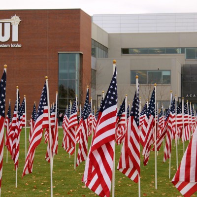Multiple american flags with CWI buildings in background