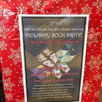 One Stop Student Services will be collecting donations of new, in-package socks for local homeless shelters, Nov. 27 through Dec. 18.