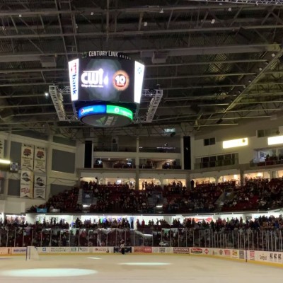 CWI promo video playing on the big screen at the Steelheads arena.