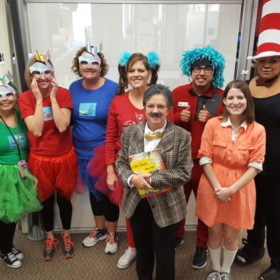 Members of One Stop Student Services dressed in a Dr. Seuss theme for Halloween.