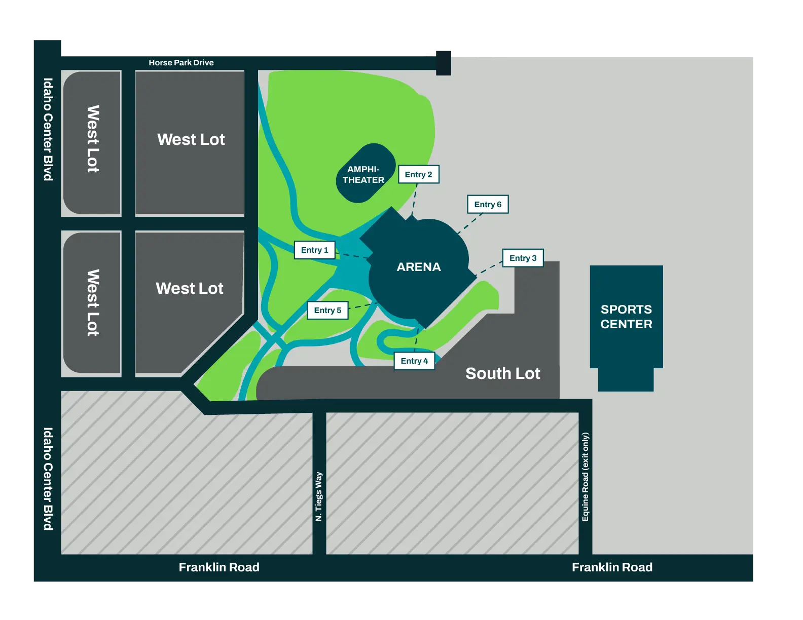 Map of Idaho Center parking and entrances