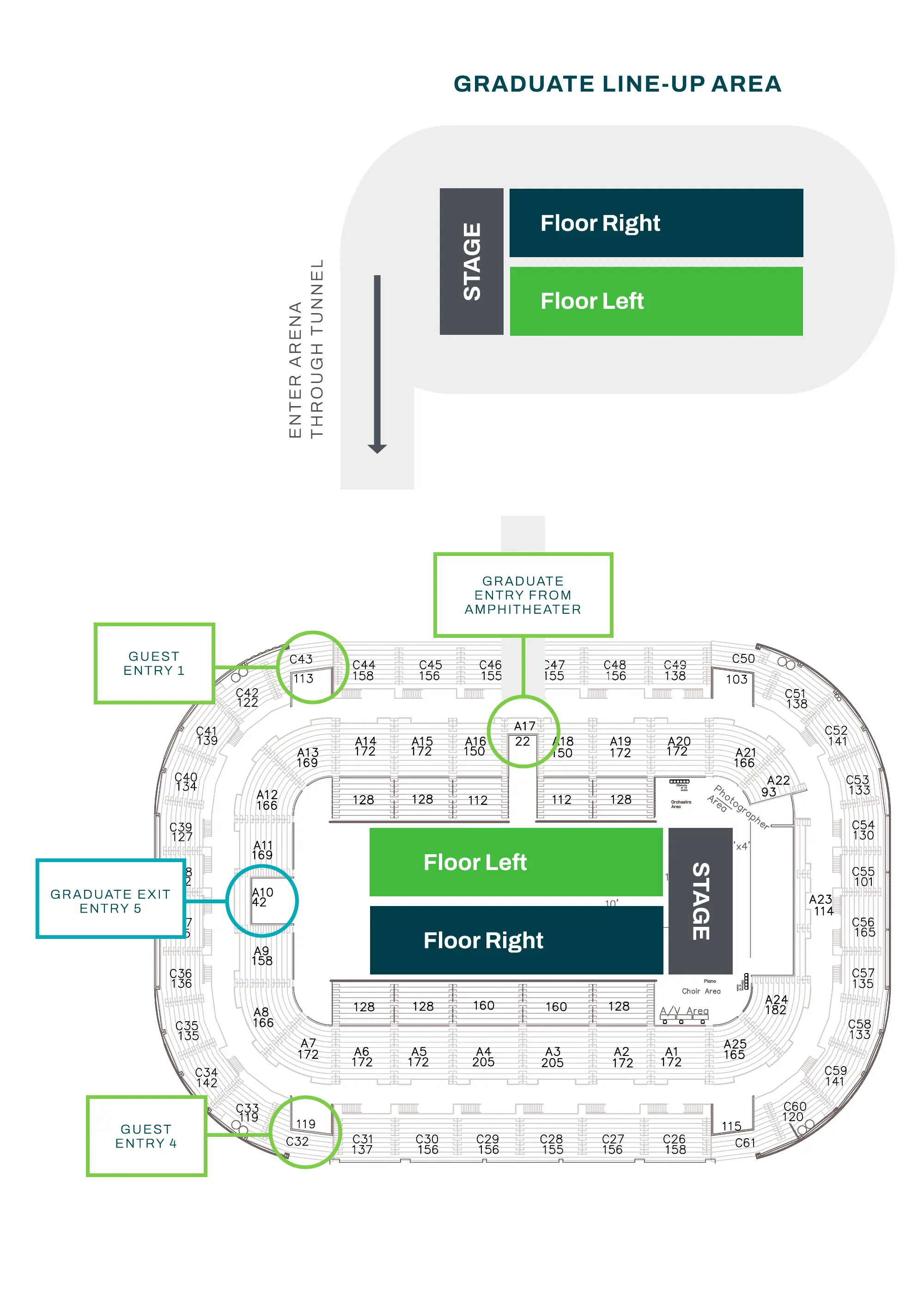 Map of commencement seating and line up areas