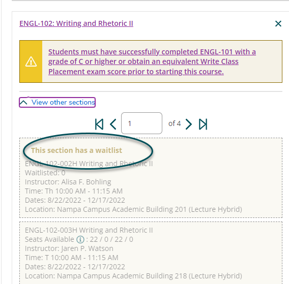 Notification message and This selection has a waitlist. example