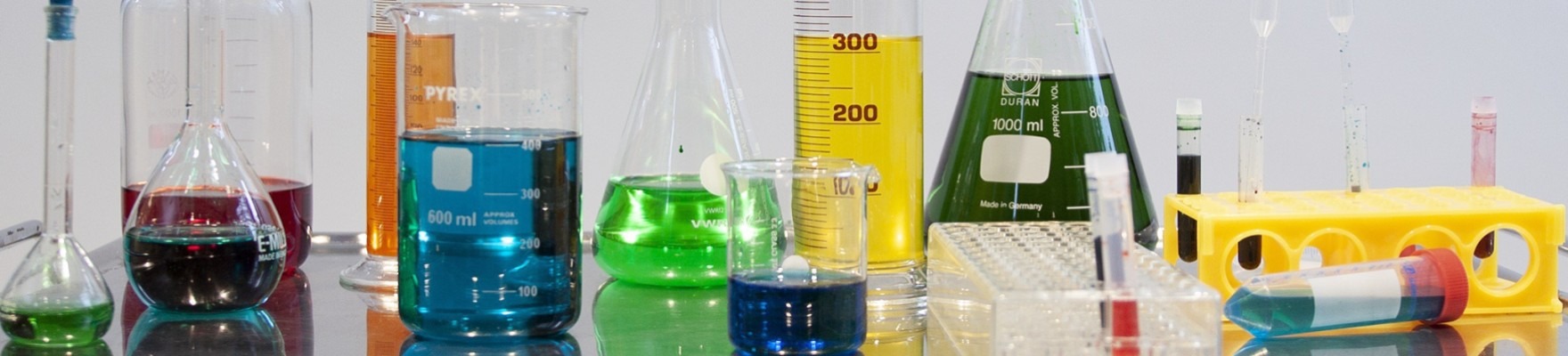 Close up of chemistry lab test tubes and bottles