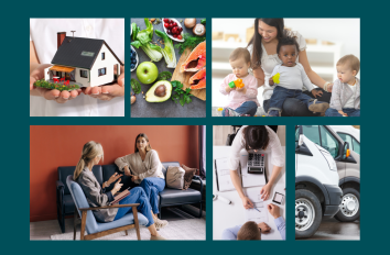 picture collage representing housing, food, child care, utilities assistance and transportation