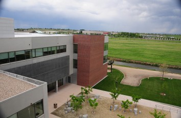 View from the top of Academic Building looking down on grass field