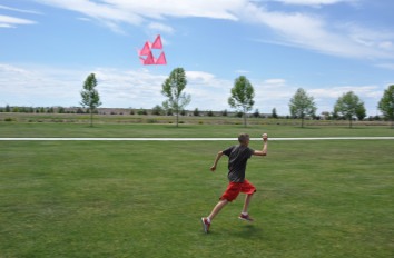 A teenage boy flying a kite alone in an open grass field with trees in the background.