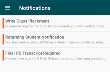CWI Mobile notifications screen