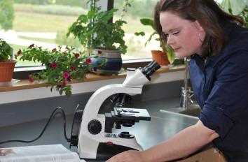 STEM student looking through microscope at table with window and plants behind her.