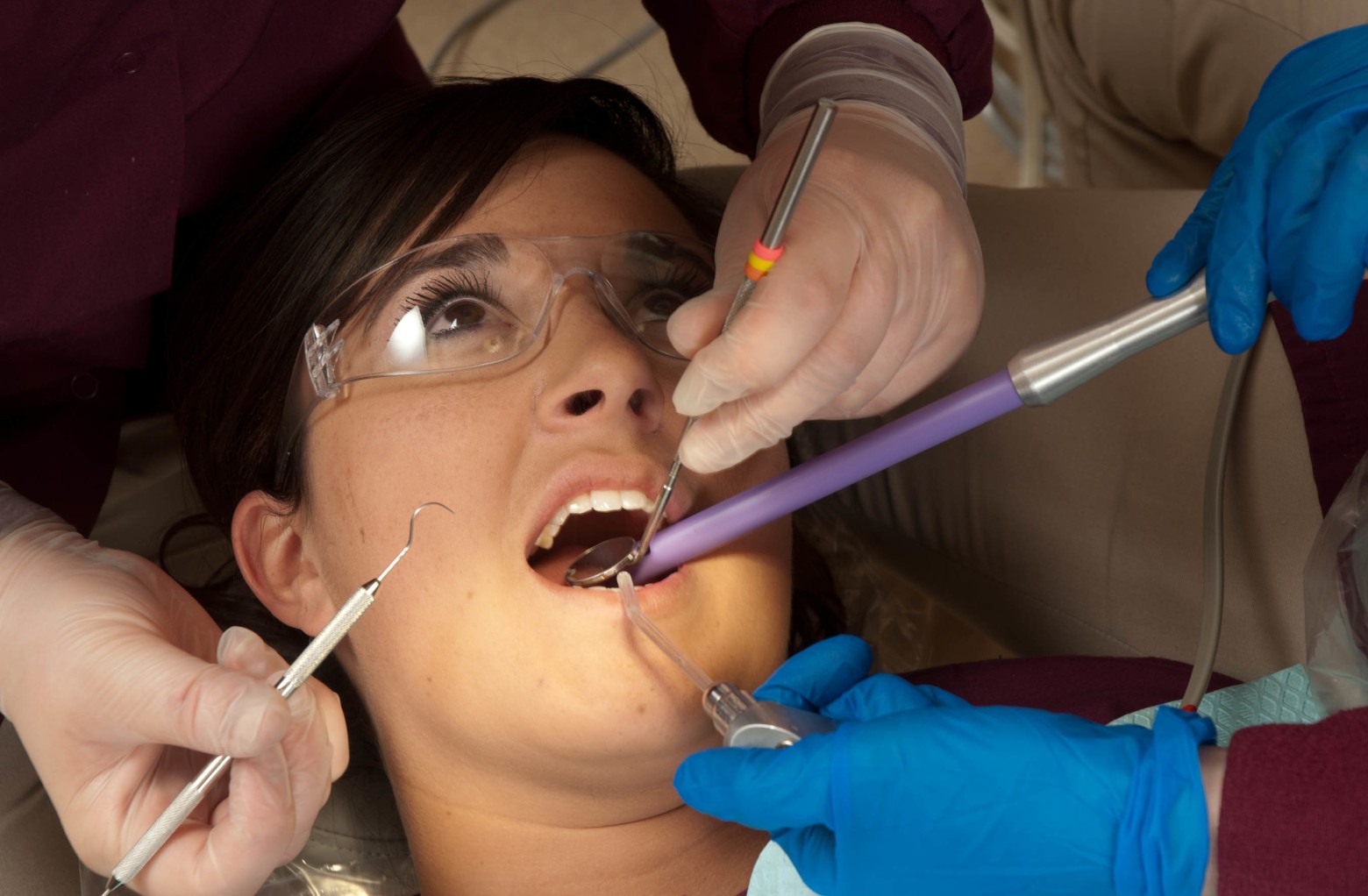 Students practicing cleaning teeth