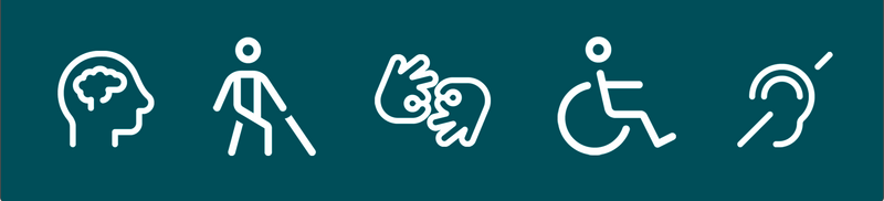 International Symbols for intellectual disability, visual impairment, sign language, access, and deafness