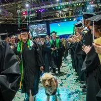Graduates walking down aisle, celebrating