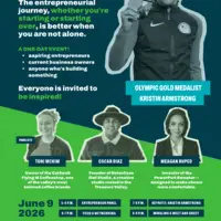 Start Here conference poster featuring guest speakers, dates, and times