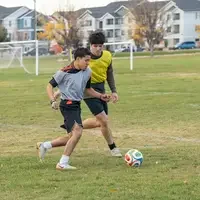 Soccer players on a field battling for a ball