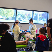 Photographs showing students and others volunteering services in the community.