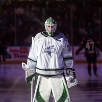 A hockey goalie in full gear stands on the ice.