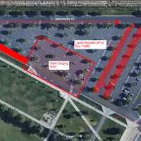 An aerial map indicating a road closure.