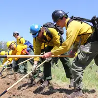 Firefighters digging a trench
