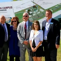 (Left to right) CWI President Bert Glandon, Nampa Chamber of Commerce CEO Debbie Kling, Nampa Mayor Bob Henry, CWI alumna Crystal Villanueva, and Nampa School District Superintendent David Peterson.
