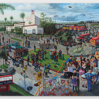 A painting displaying a cityscape with dozens of people in the foreground.