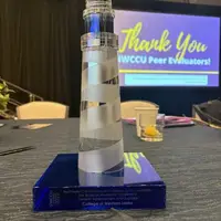 Am award trophy with Thank You written on a projector screen