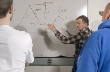 Students looking at instructor teaching at a white board