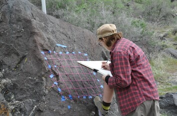 CWI student inspecting patterns on a large boulder