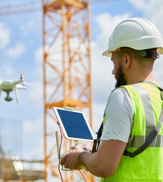 Person operating a drone with a digital screen at a construction site