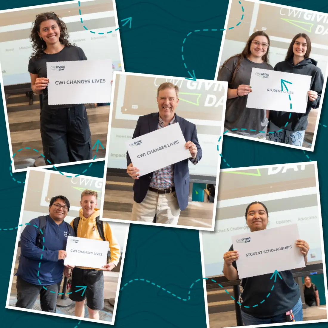 CWI Giving Day attendees with signs expressing thanks