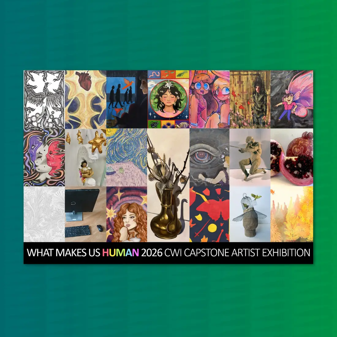 Studio Art 2026 Capstone pieces in front of green backdrop