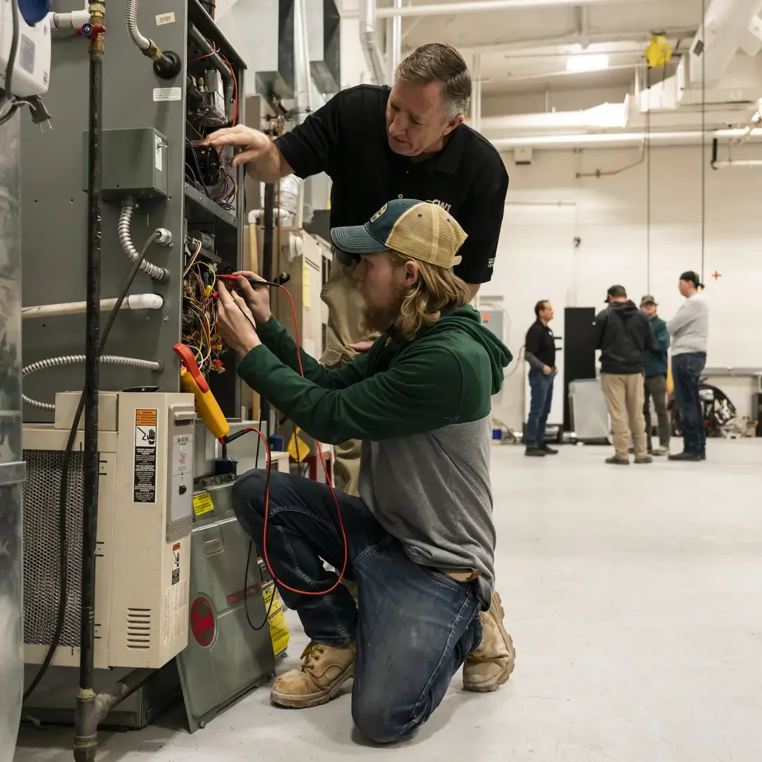 Instructor and student work on HVAC unit in lab