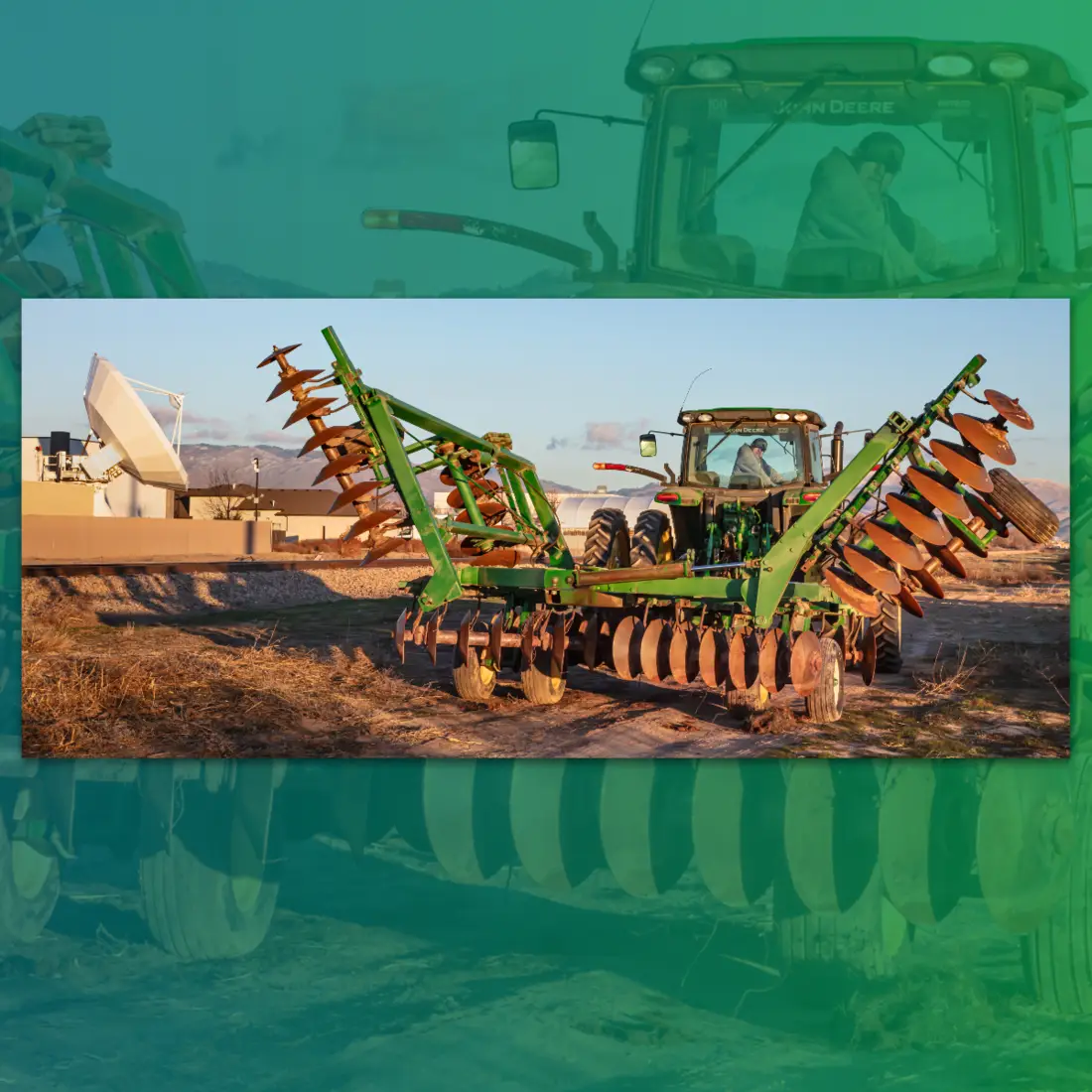 Picture of a tractor in front of a green backdrop