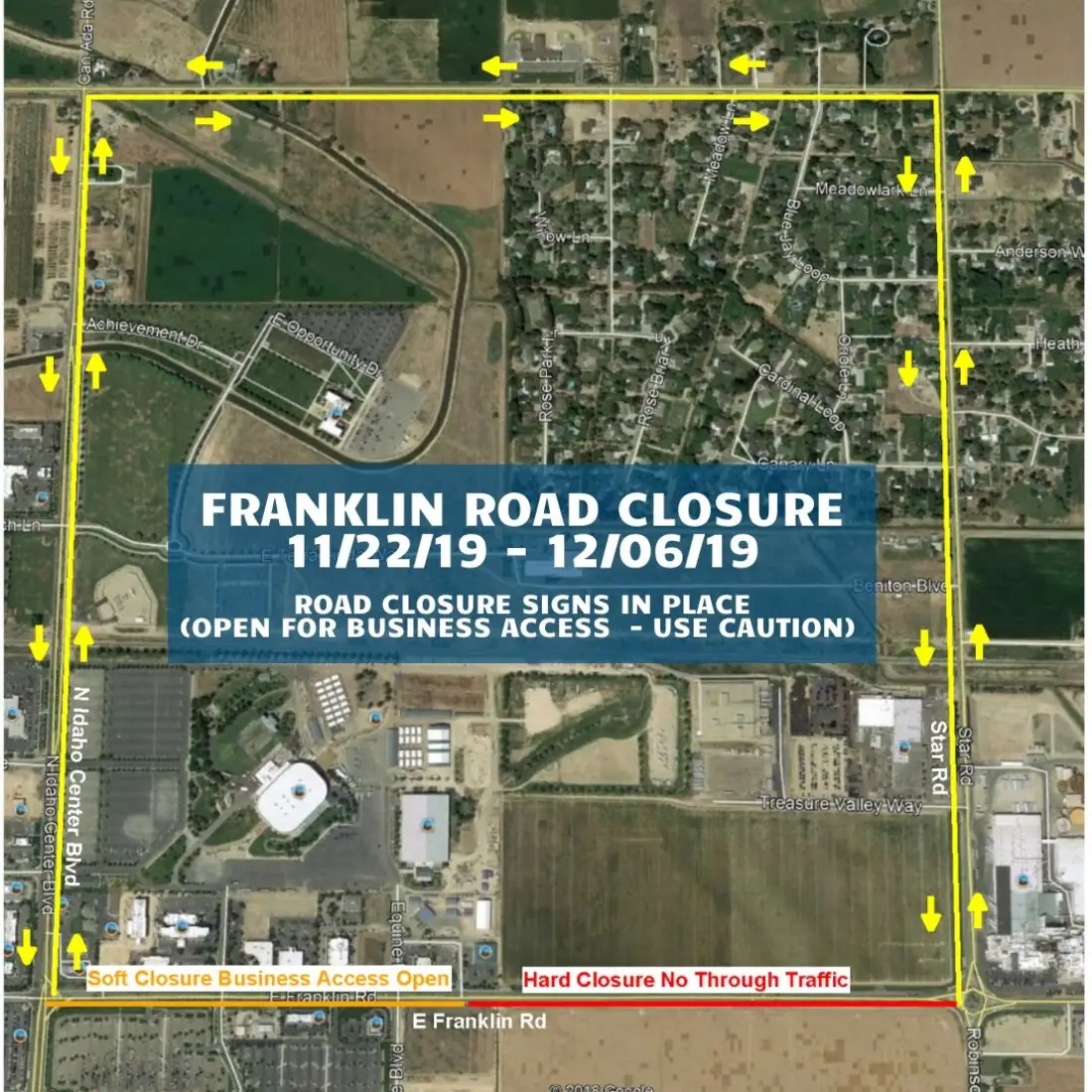 The City of Nampa is closing Franklin Road between Idaho Center Boulevard and Star Road beginning Friday, Nov. 22 to Friday, Dec