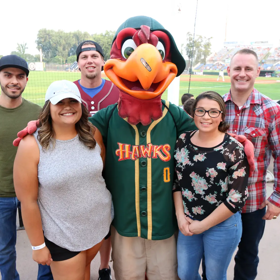 Alumni with Humphrey the Hawk at the 2018 CWI Night at the Boise Hawks