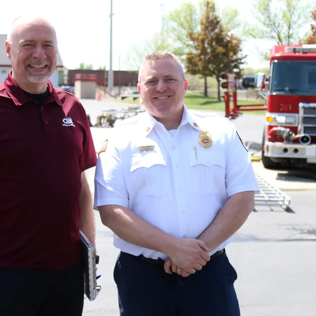 CWI Director of Public Safety Programs, Kevin Platts, left, and Nampa Fire Chief, Kirk Carpenter, at the Nampa Fire Department T