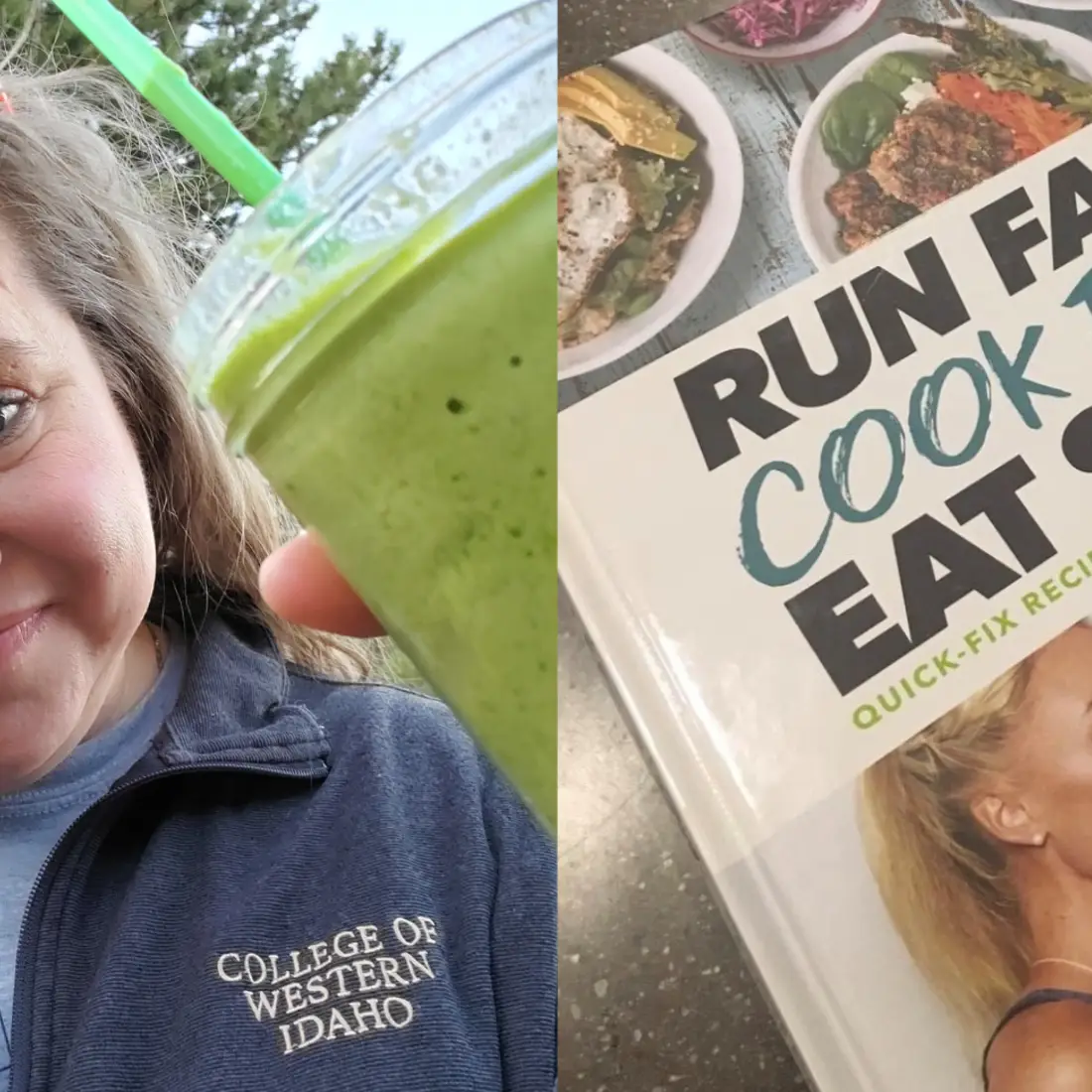 CWI Employee, Erica Compton, holding a green smoothie alongside a picture of the cookbook, “Run Fast. Cook Fast. Eat Slow”. 