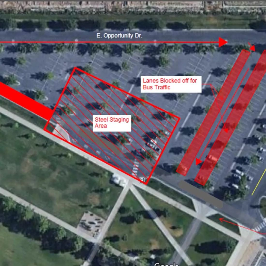An aerial map indicating a road closure.