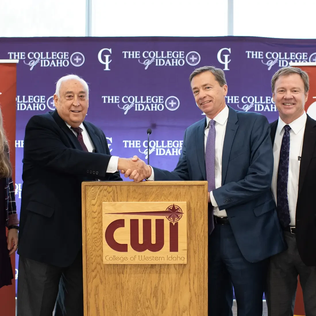 Leadership from College of Western Idaho and The College of Idaho announcing Yote Track partnership