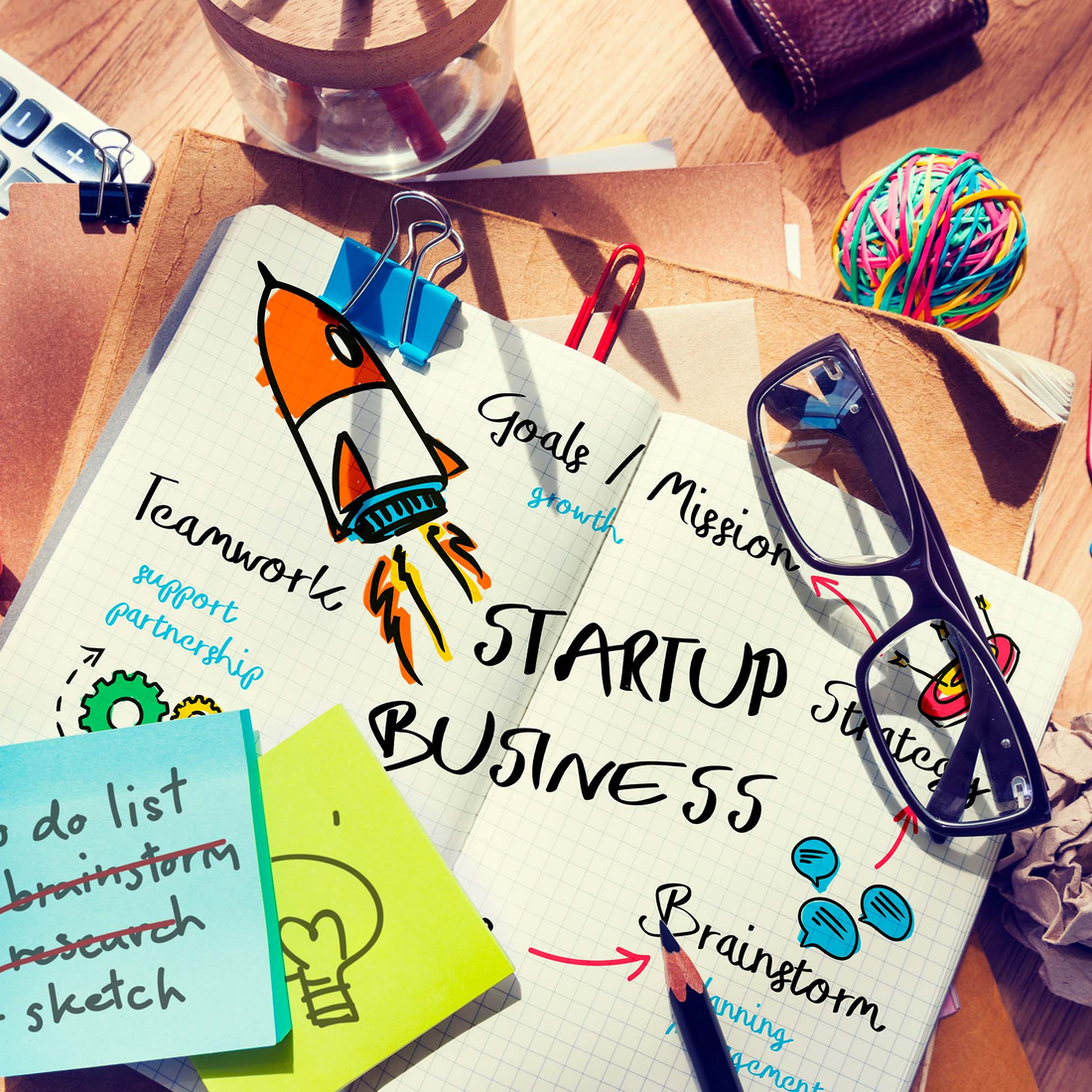 A notebook with "Startup Business" written on it lays on a table surrounded by glasses, post-it notes, pencils, and a calculator