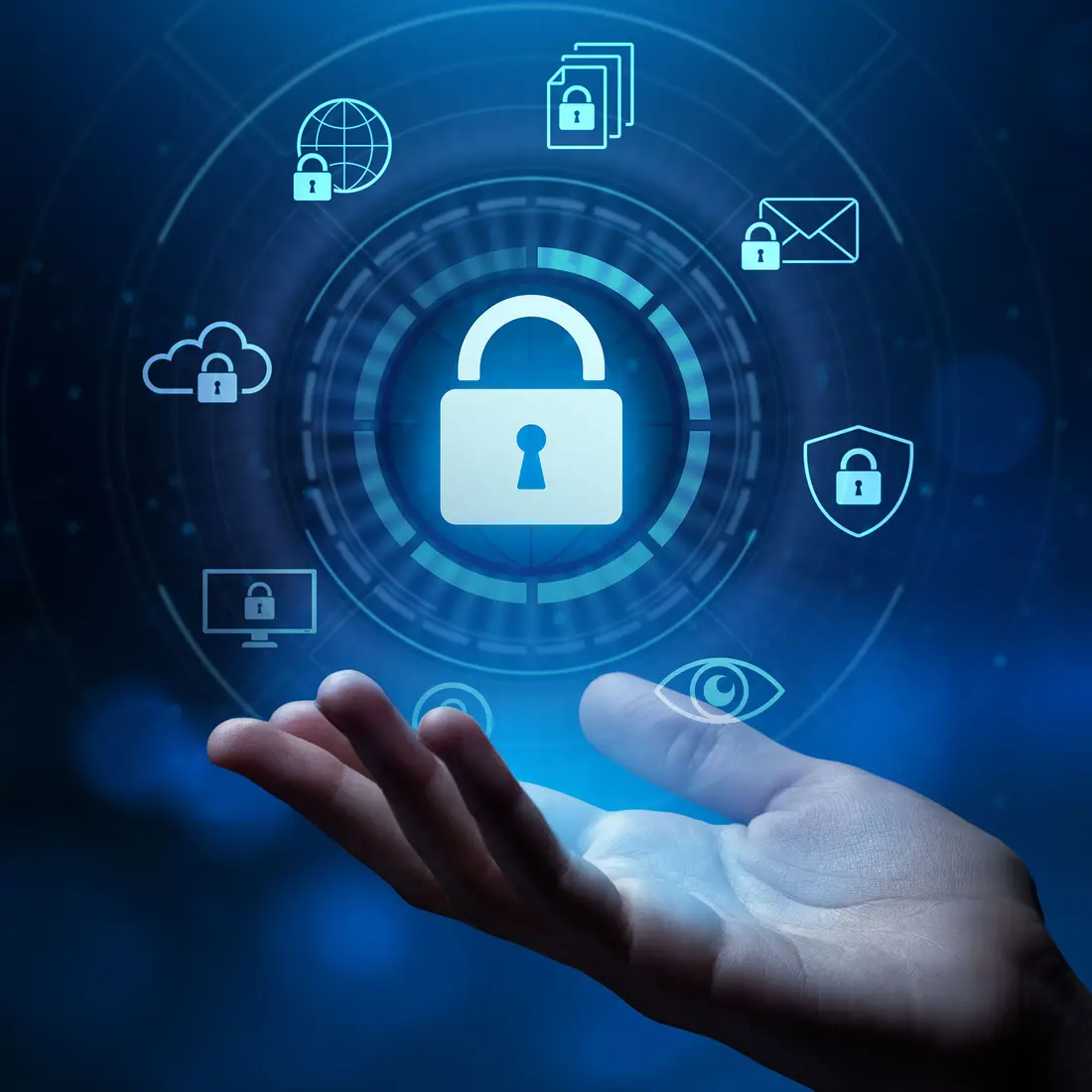 A graphic of a hand with digital cybersecurity icons hovering above it in a circle.