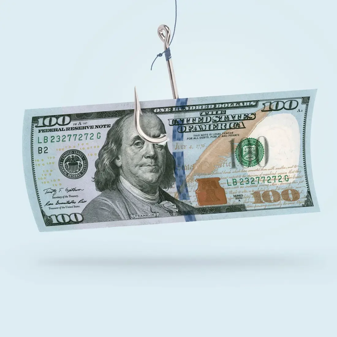 A graphic of a $100 bill on a fishing hook illustrating a scam.