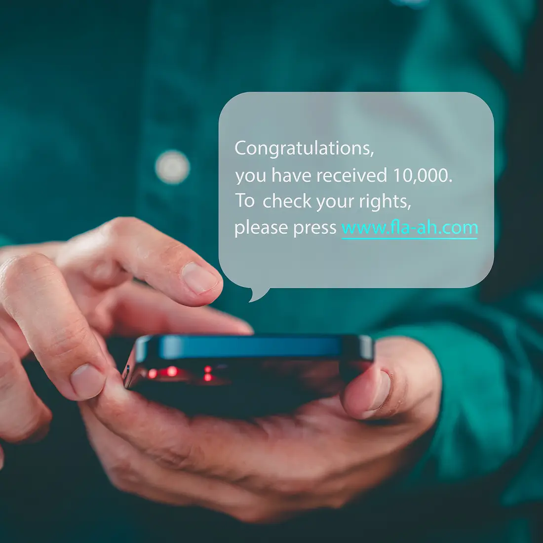 A graphic of a person holding a cell phone with a scam text message displayed in a thought bubble. 