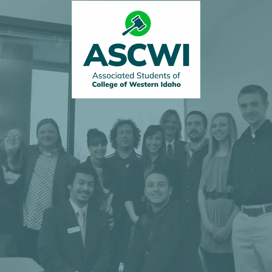 Associated Students of College of Western Idaho text and a large group of students standing together looking at the camera