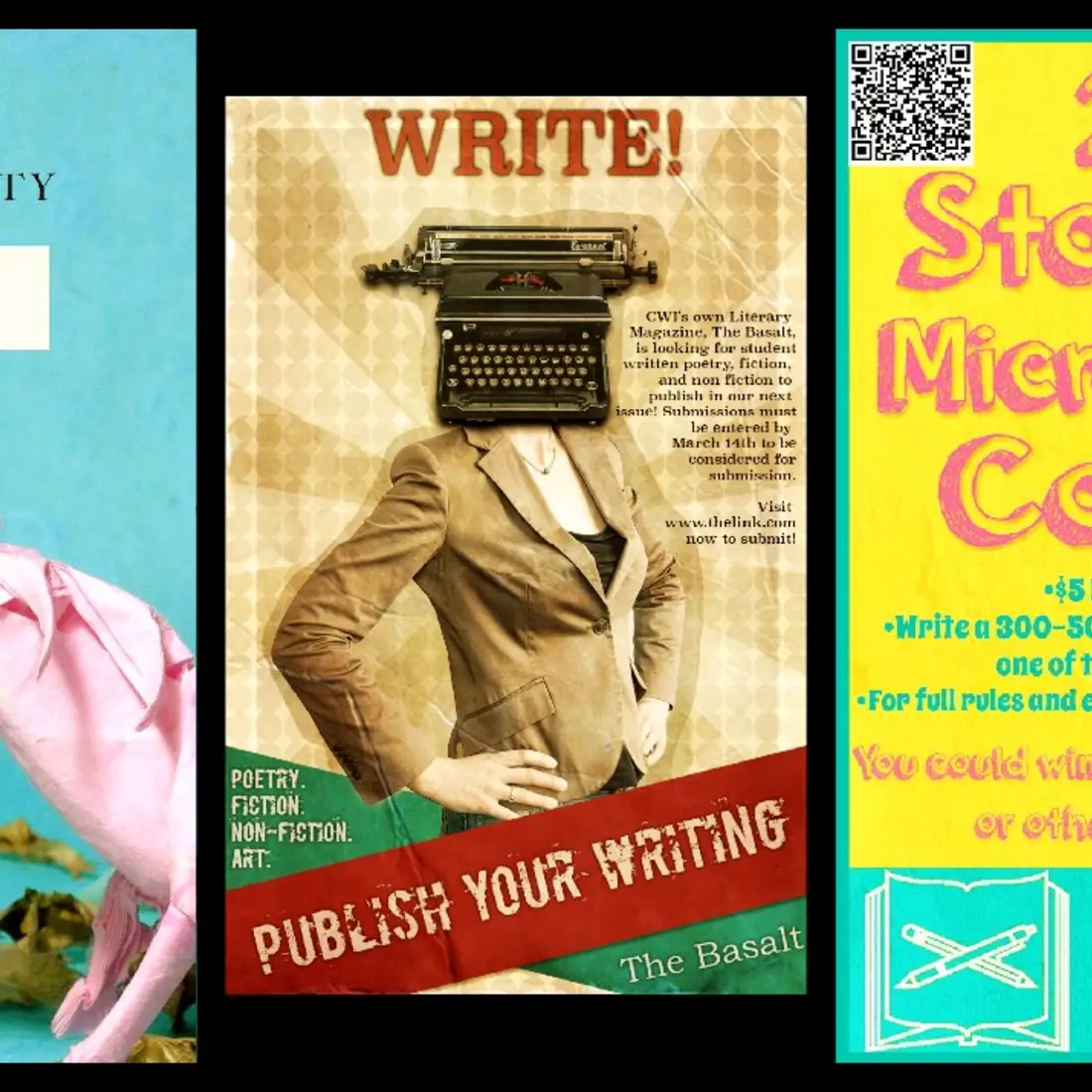 Three covers of the CWI’s literary magazine, Basalt